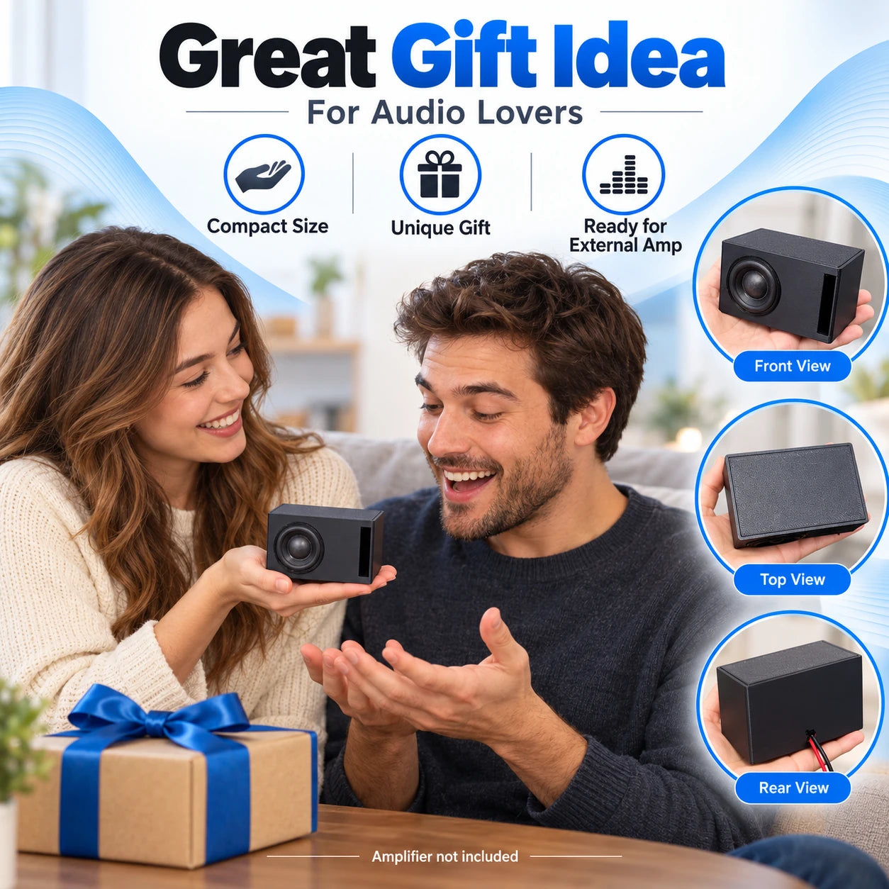 Gift idea lifestyle image showing a woman giving the Mini Subwoofer as a gift