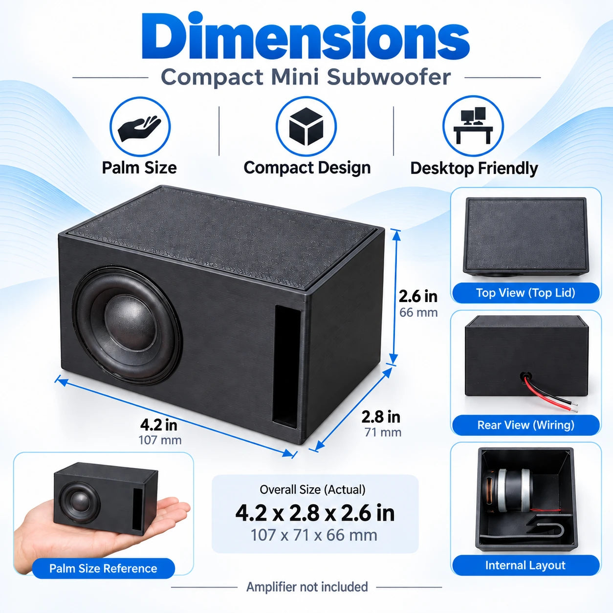Dimensions chart for the Mini Subwoofer showing actual size 4.2 by 2.8 by 2.6 inches and multiple product views