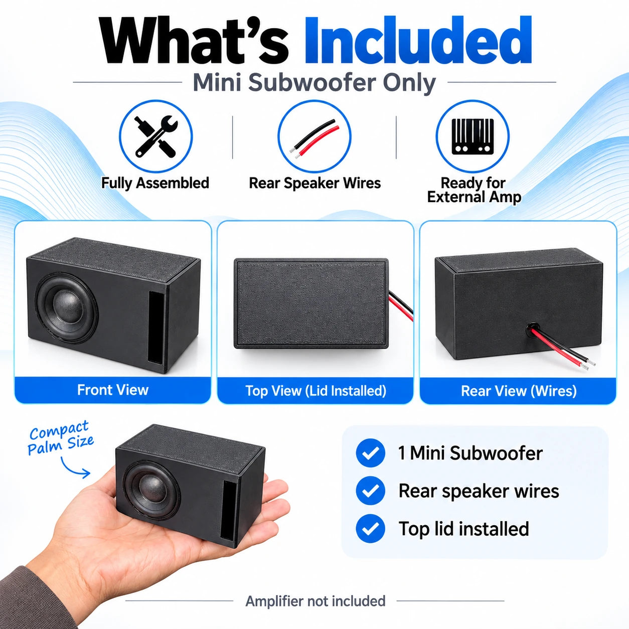 What is included graphic showing front view, top view, rear view and included contents