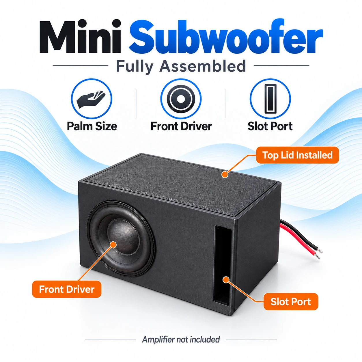 Feature graphic showing the fully assembled Mini Subwoofer with front driver, slot port and top lid installed